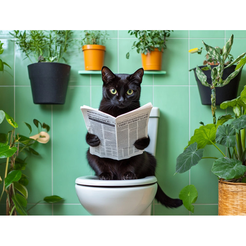 "Morning Mews: Chat noir avec journal", art mural sur toile, H 16 po x l 24 po