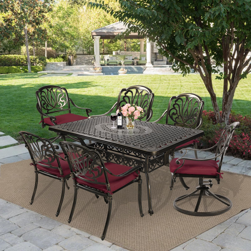 6 - Person Patio Dining Set with Rectangular Table , Cushions Included, Chili Red
