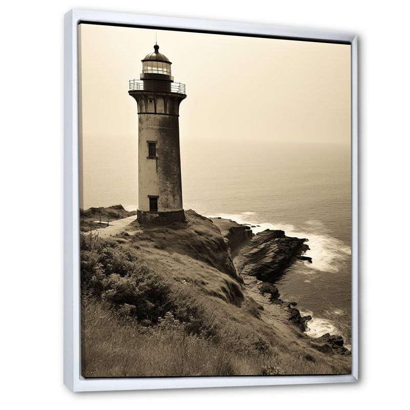 Paysage rétro de phare mimalisme, impression sur toile, Cadre flottant blanc, H 44 po x l 34 po x P 1,5 po