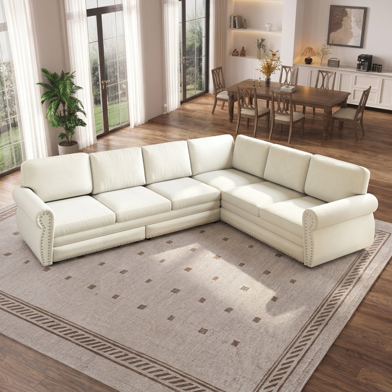 Canapé-lit modulaire en forme de L de 118 po avec lit escamotable, garniture cloutée et accoudoirs roulés de 118 po