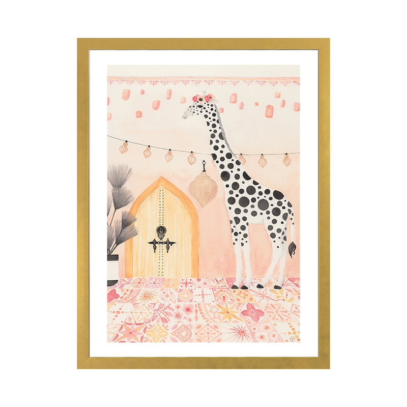 Girafe au Maroc, art encadré, H 32 po x l 24 po x P 1 po, Papier encadré doré