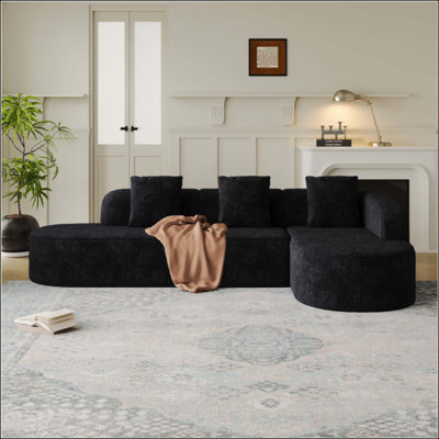 Canapé modulaire incurvé en forme de L, conception moderne avec tissu en polyester à poils longs texturé litchi, dossier incurvé avec trois coussins
