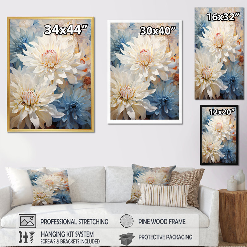 «Blooming Mums» en beige et bleu sur toile, H 32 po x l 16 po x P 1 po, Cadre flottant blanc