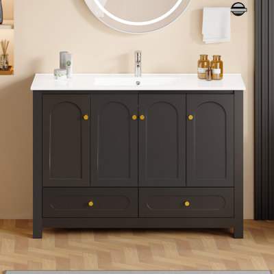 Ensemble de meuble-lavabo 48 po avec lavabo en résine, armoire de rangement abondante - 4 portes à fermeture douce et 2 tiroirs