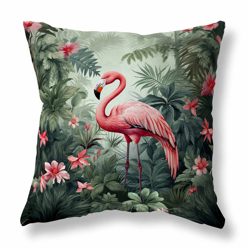 Coussin Tropical Flamingo Haven, H 16 po x l 16 po, Vert / rose
