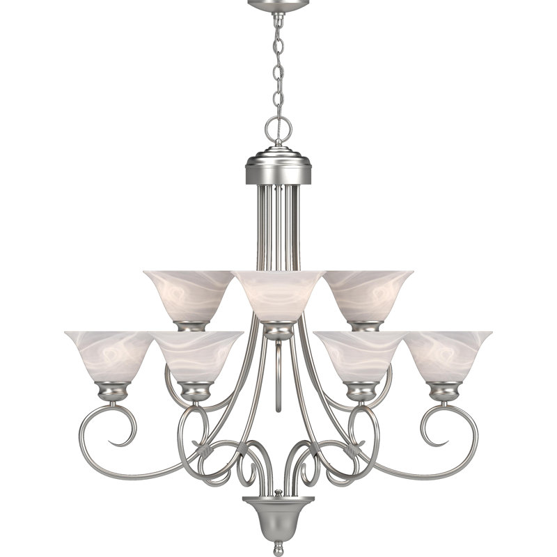 Sawyers V2539 Troy 9-Light Tiered Indoor Brushed Nickel Hanging Chandelier with Alabaster Glass Bell Shades, Brushed Nickel