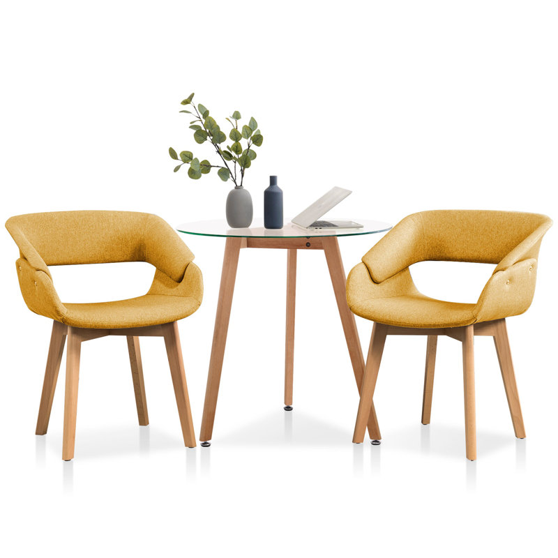 31'' Dining Table Set, Round Glass Top Dining Table with Two Upholstered Chairs, Yellow