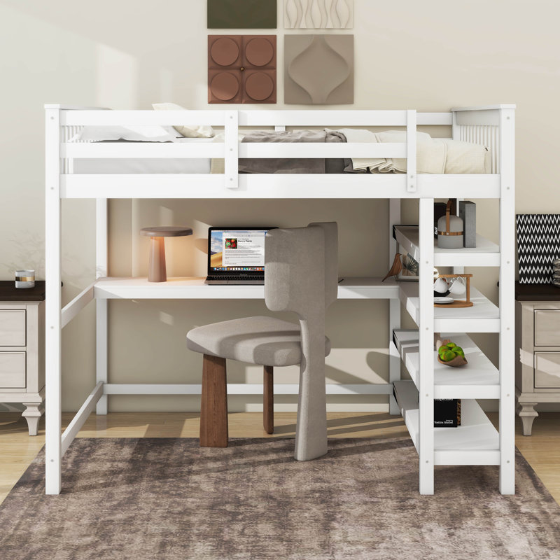 Lit mezzanine double avec tablettes de rangement et bureau sous le lit