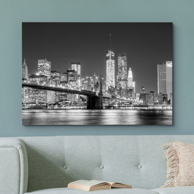 «Architecture Building», art de toile de Manhattan et pont de Brooklyn noir et blanc, art de la maison, Toile tendue, 1