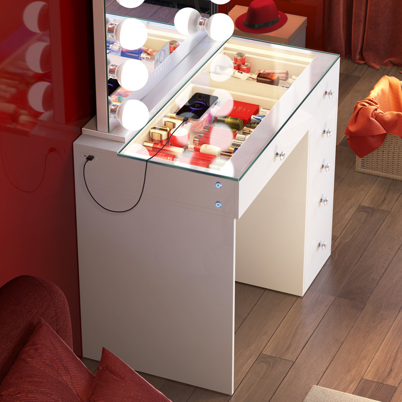 Vanity Set with High-Definition Glass Top, LED Mirror, Power Outlet, 6 Drawers & Crystal Knobs Very easy to assemble, White