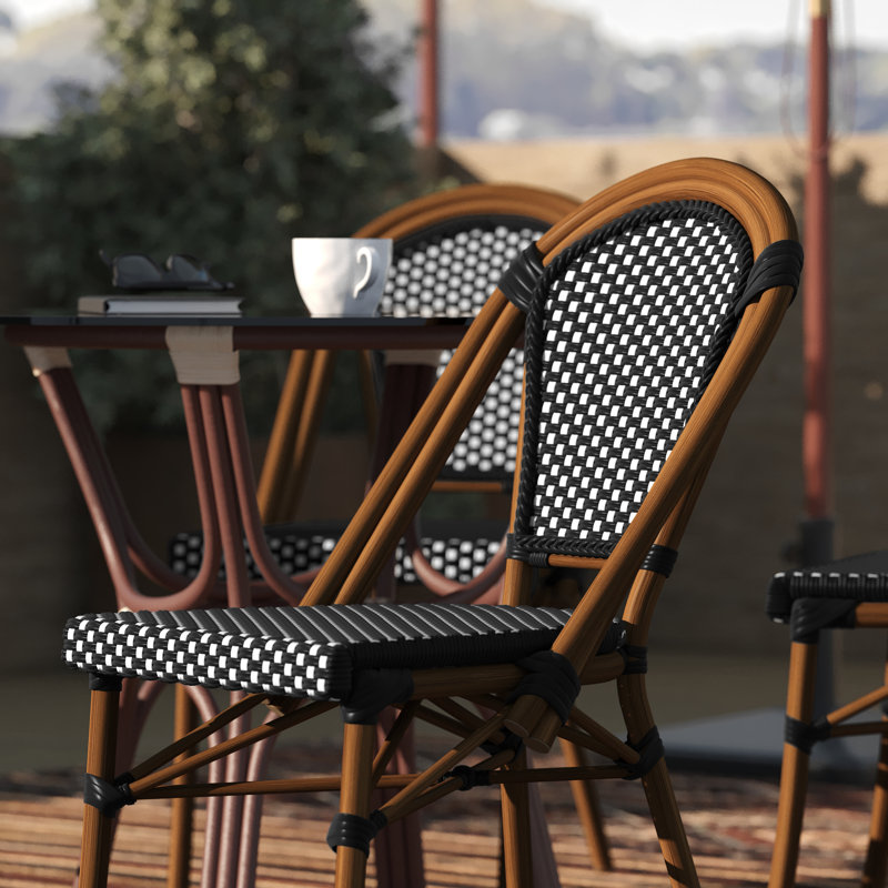 Black and White PE Rattan Armless Bistro Chairs with Bamboo Print Frame, Set of 2
