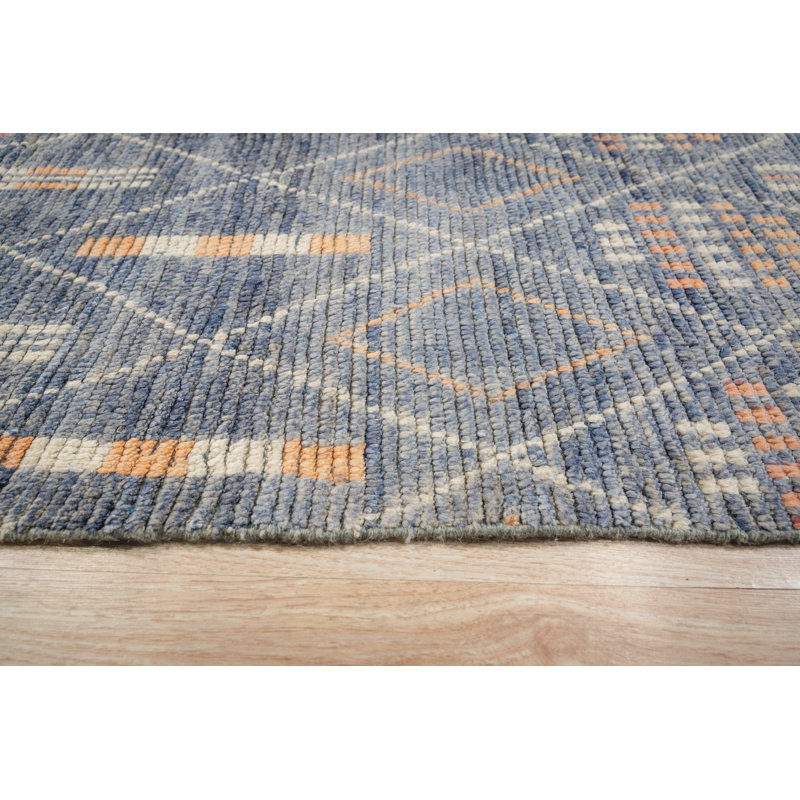Decorative Marrakech Blue Hand Knotted Contemporary Transitional Wool Area Rug, Rectangle 8' x 11'