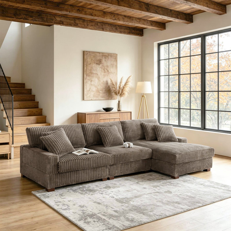 3 - Piece Upholstered Light Brown Faux Rabbit Fur Flannel Modular Sectional Sofa with Armrests & Throw Pillows