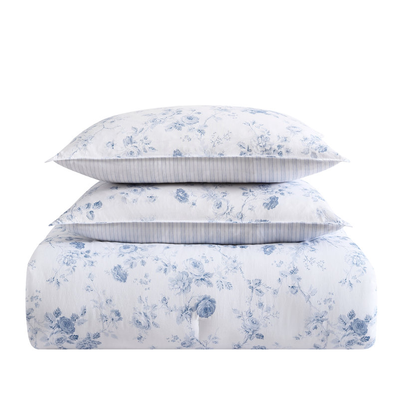 Laura Ashley Belinda Blue Cotton Comforter Reversible Set, King Comforter + 2 King Shams