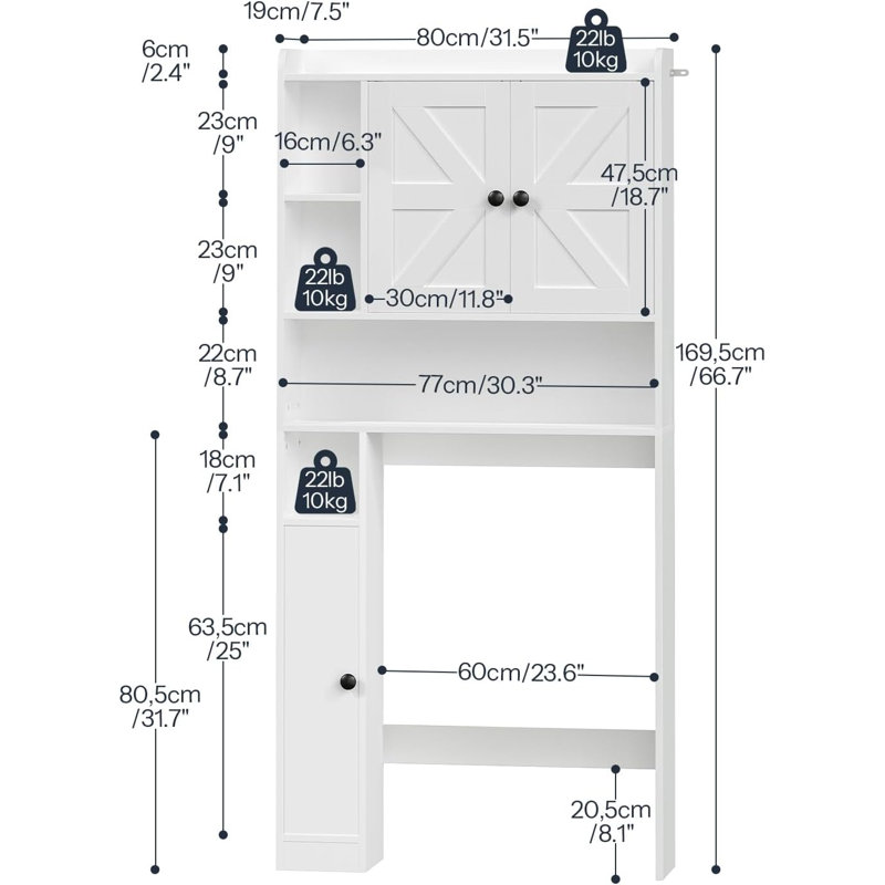 Armoire de rangement au-dessus de la toilette avec portes et tablettes réglables, organisateur de salle de bain de style maison de campagne pour un rangement peu encombrant dans la salle de bain ou la salle de lavage