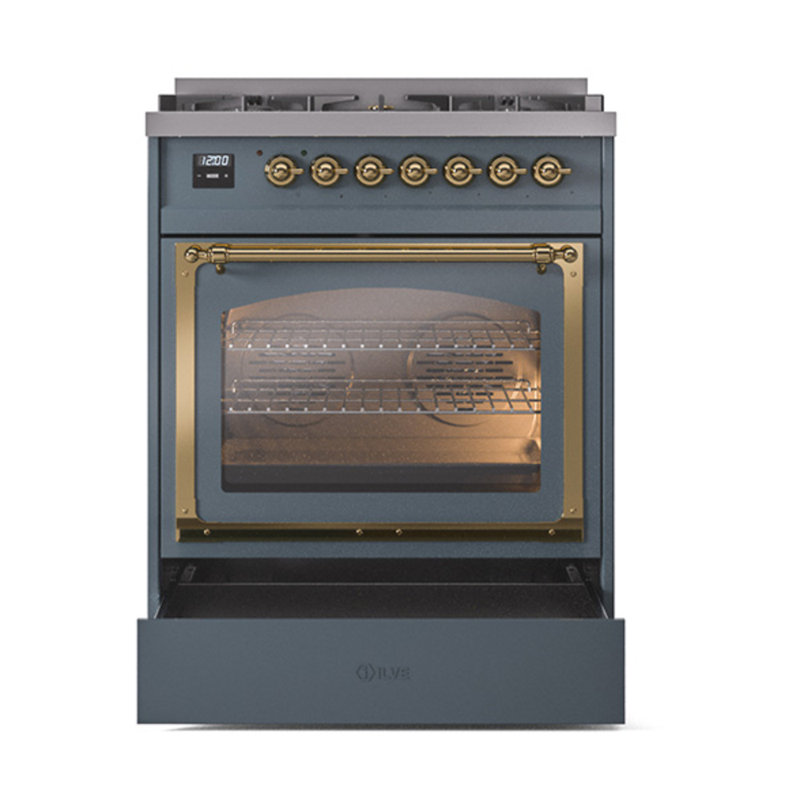ILVE Nostalgie II Noblesse 30 in Dual Fuel Range, Blue Gray/Brass, Natural Gas