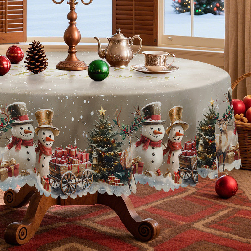 Grayish-White Washable Christmas Snowman Pattern Polyester Tablecloth