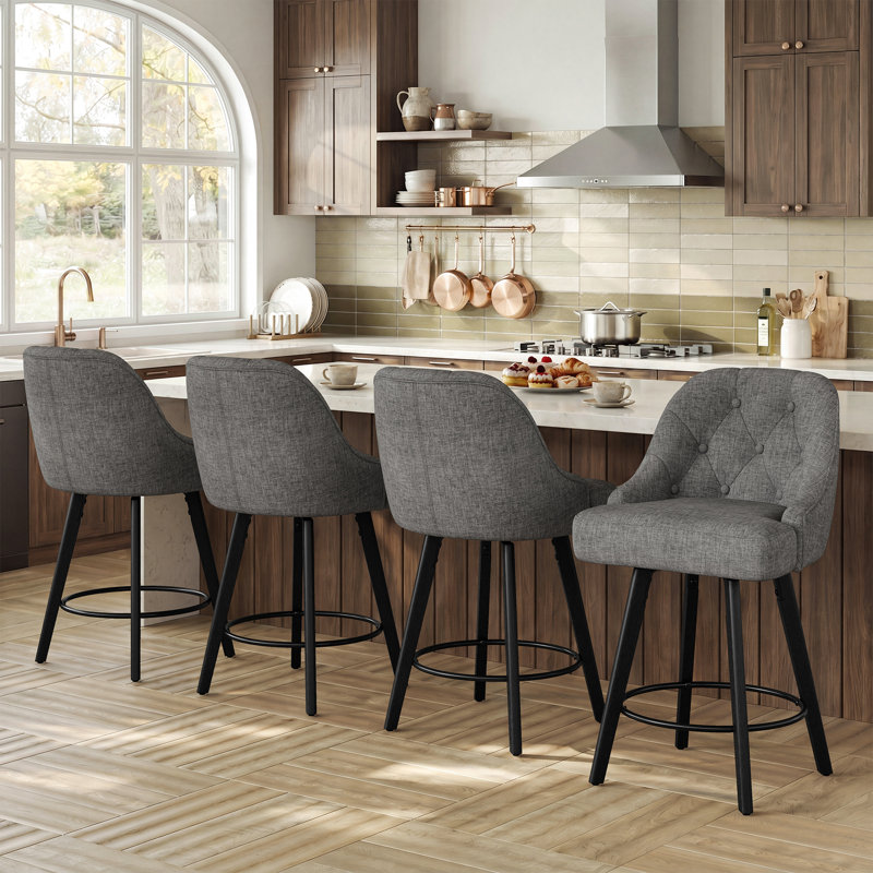 Swivel Upholstered Bar Stool with Solid Wood Frame, Grey Faux Leather, 4