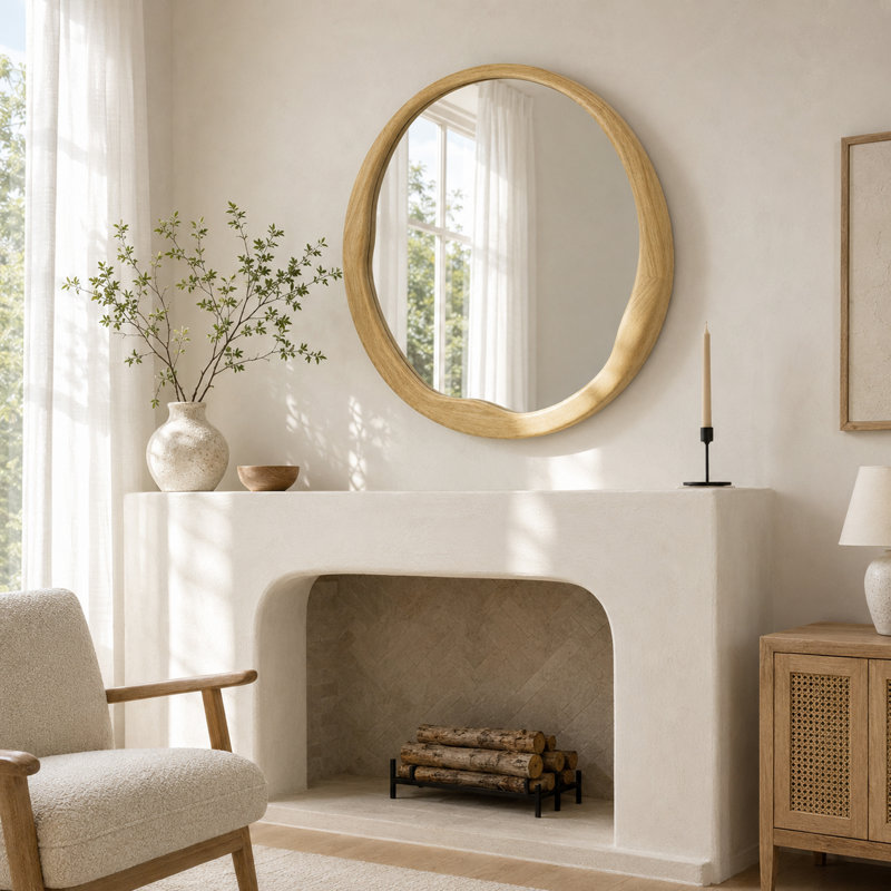 Miroir mural rond encadré en bois massif, miroir décoratif pour salle de bain, 36 po x 36 po, Bois naturel