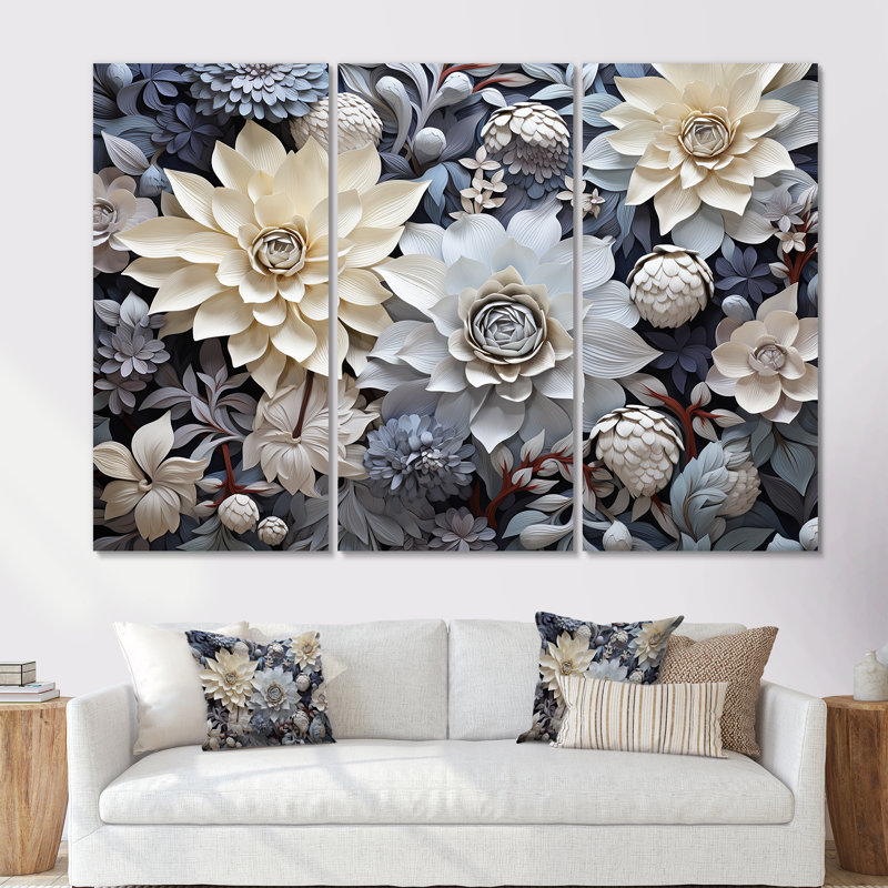 Fleurs beiges en pleine floraison - ensemble de reproductions d'art mural, Toile tendue, H 40 po x l 60 po x P 1 po