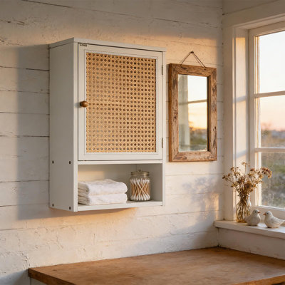 Bathroom Wall Cabinet with Rattan Doors, 3-Tier Storage Shelves, Magnetic Close Medicine Cabinet, 33 lb Capacity