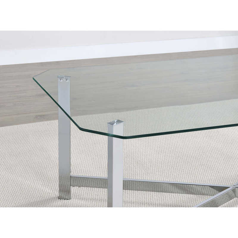 Table basse élégante en verre avec base ouverte en métal