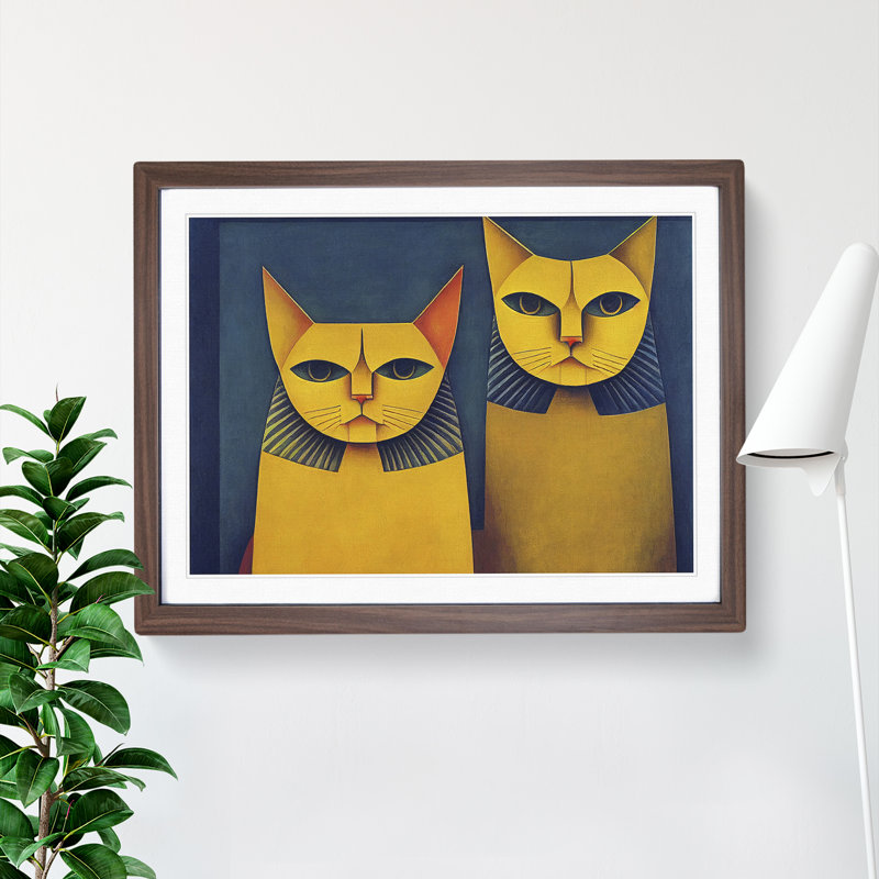 Two Egyptian Cats Abstract - Framed Print, 25cm H x 34cm W x 2cm D, Walnut Framed