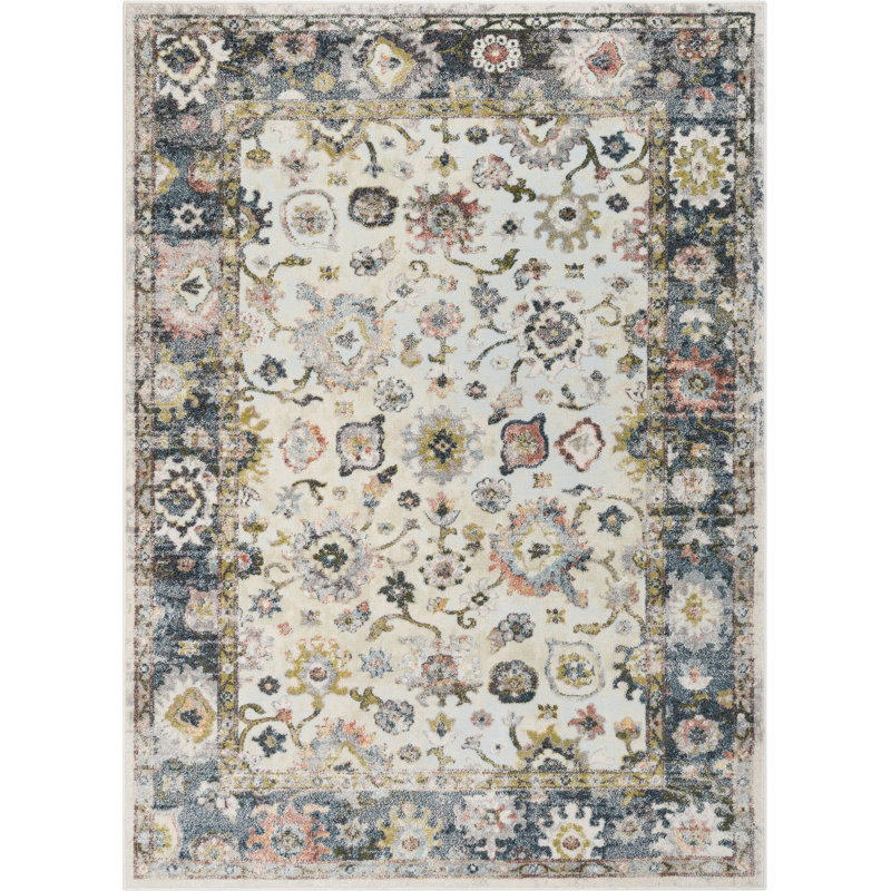 Ivory and Blue Synthetic Oriental Area Rug 5'3" x 7'3"