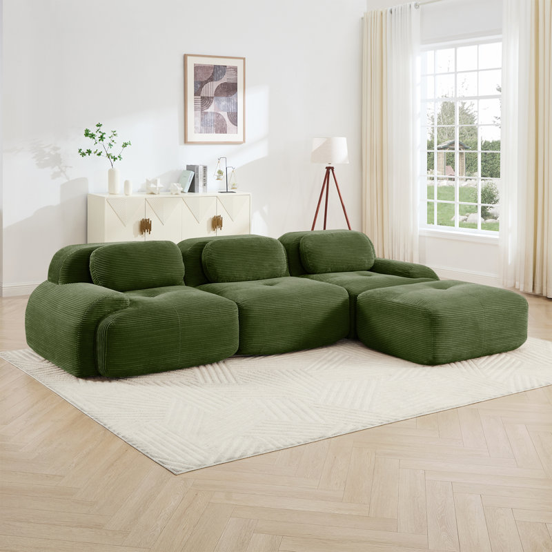 L-Shaped Corduroy Cloud Sectional Sofa With Ottoman, Green Corduroy