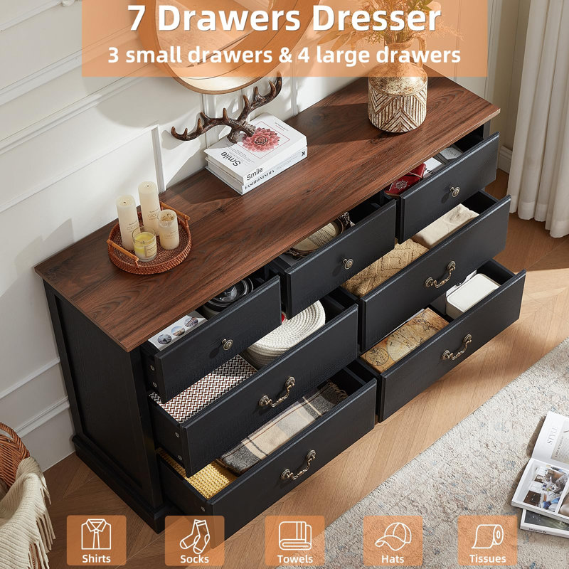 Farmhouse 7 Drawer Dresser for Bedroom,54" Wide Wood Rustic Chest of Drawers,Farmhouse Chest of Drawers for Bedroom,Wood Drawer Organizer for Bedroom,Hallway (Black)