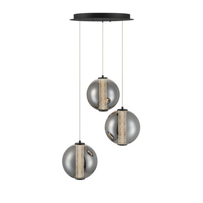 Chandelier, 3-Light, 21", Matte Black, Smoked Glass