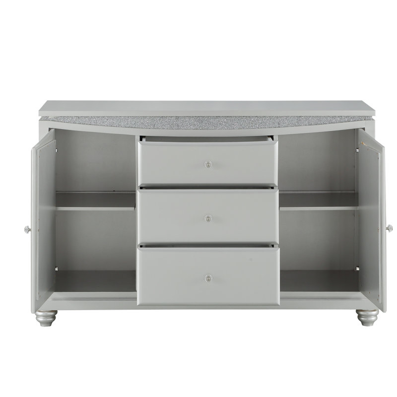 Alaia Glam 3-Drawer Server with Sparkling Rhinestones Trim in Platinum