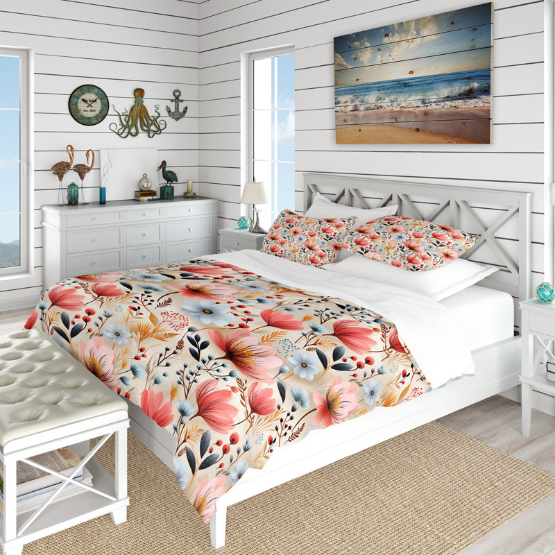 Ensemble de housse de couette bleu et corail Poppy Dreams I, Housse de couette pour très grand lit et 2 très