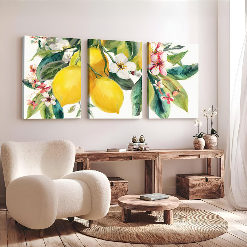 «Lemon and Floral», reproduction d'art sur toile tendue sur toile (ensemble de 3), H 30 po x l 60 po