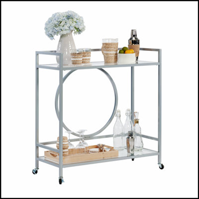 Stylish Rolling Bar Cart With Tempered Glass Shelves For Organized Drink And Accessory Storage, Perfect For Entertaining.