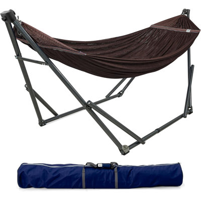  Adjustable Hammock Stand, Collapsible Camping Hammock and Stand, 600 lbs Capacity Double Hammock Stand for 2 Persons, 30 Seconds Assembly Foldable for Camping Travel Picnic Balcony, Brown