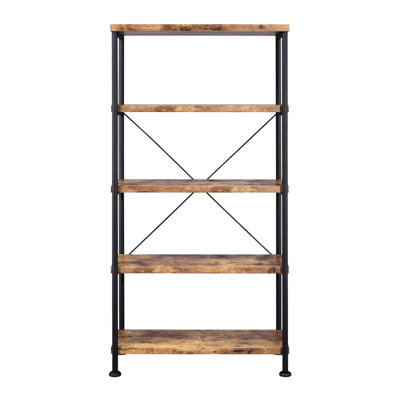 Bibliothèque à 4 tablettes avec finition rustique muscade, structure thermolaquée noire, style industriel ouvert, surface facile à nettoyer, tablettes en bois d'ingénierie durables, surface d'entretien