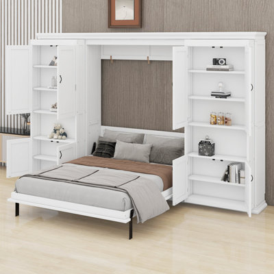 Murphy bed with dual sliding storage cabinets and tiered side shelving for modern multifunctional rooms
