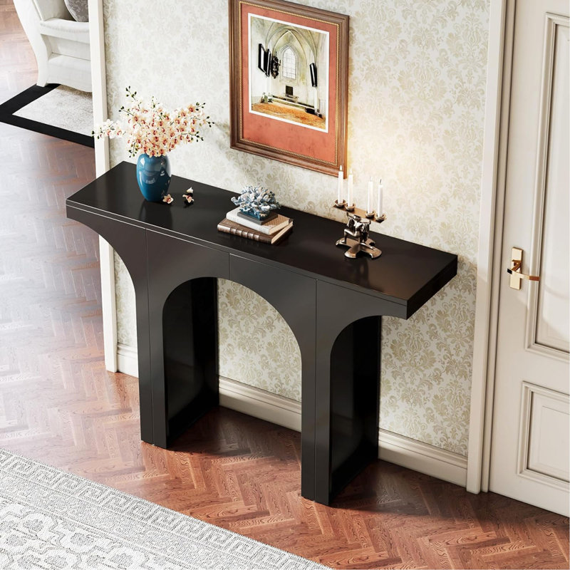 Table console 47 po moderne noire pour vestibule et derrière - Table de couloir étroite avec base arquée