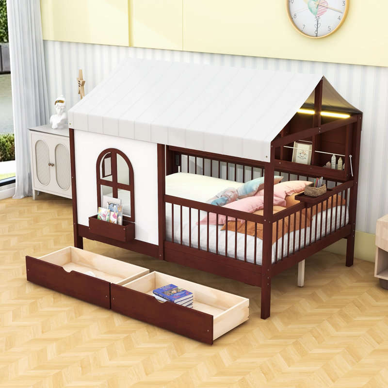 Full Size Wooden House-Shaped Bed With Charging Board, Shelf, Drawers And LED Strip, Espresso