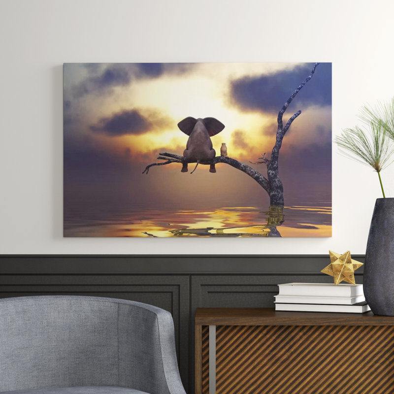 Elephant And Dog Are Sitting On A Tree by Mike Kiev - Print on Canvas, Wrapped Canvas, 66.04 cm H x 45.72 cm W x 3.175 cm D