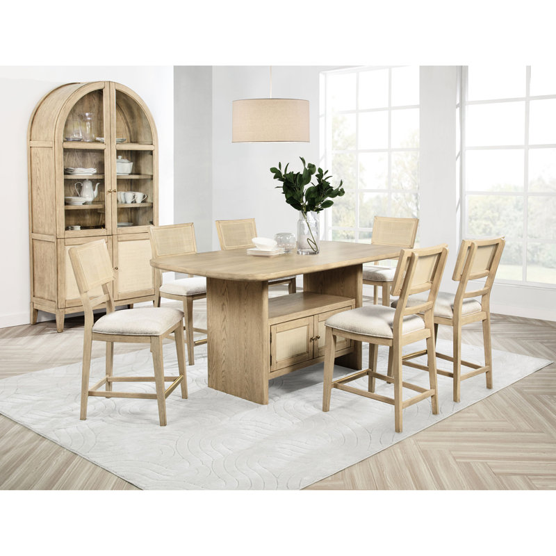 Salle à manger contemporaine de style industriel chic avec table rectangulaire et chaises rembourrées en chêne beige.