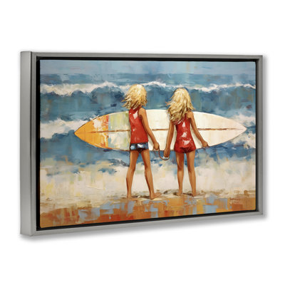 Frères et sœurs avec planche de surf brune encadrée, toile flottante par Petal Prints Design