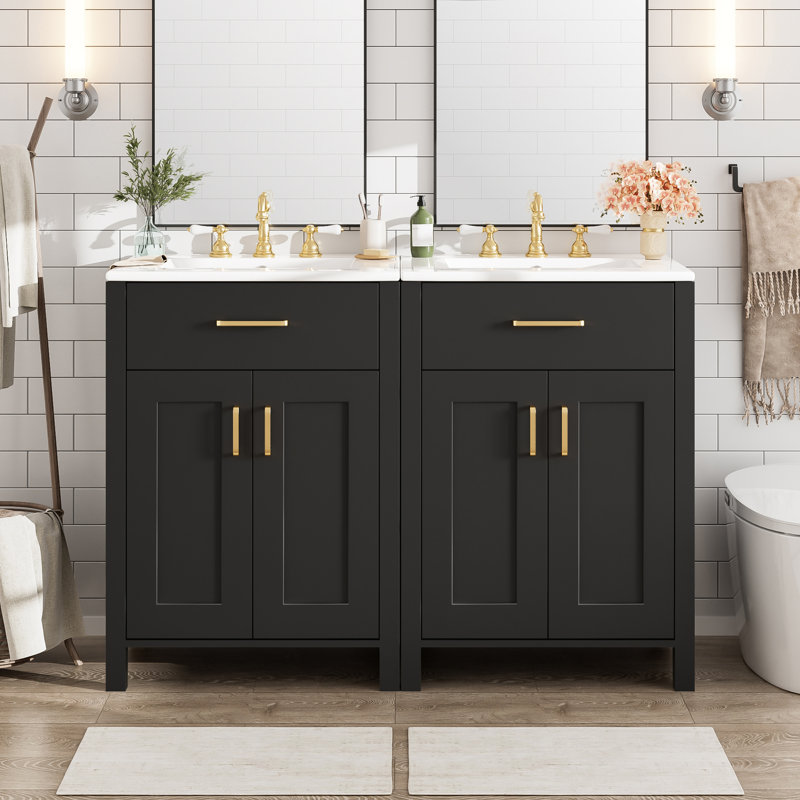 Meuble-lavabo moderne de 48 pouces avec lavabo en céramique, portes à fermeture en douceur, tiroir rabattable, tablettes de porte à double couche, solution de rangement élégante