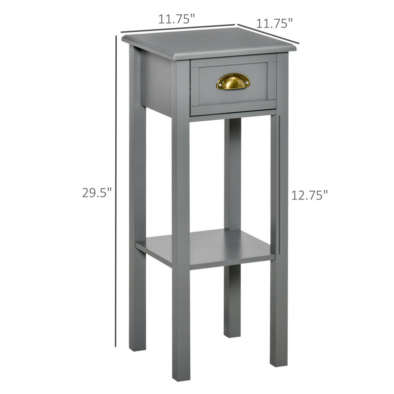 Gray Wooden Narrow End Table with Drawer and Shelf