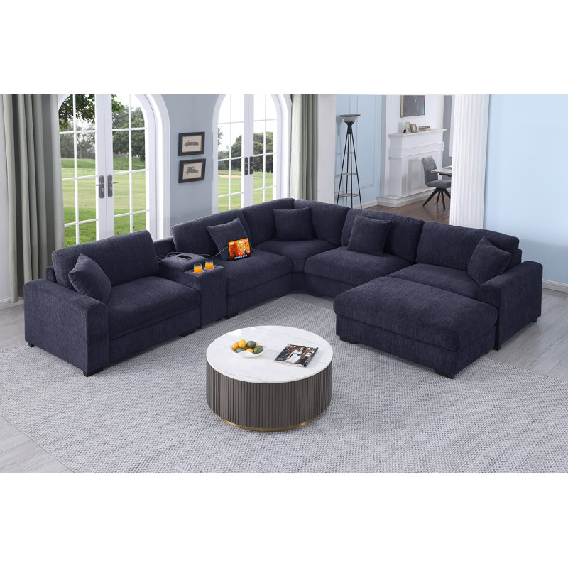 7-piece Corner Sectional With Cupholder Console With Storage & Usb Port, Dark Blue Chenille