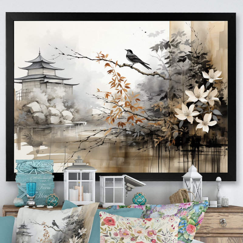 Asian Art Sumi Bird Serenity I - Art mural asiatique, H 12 po x l 20 po x P 1 po, Cadre simple noir