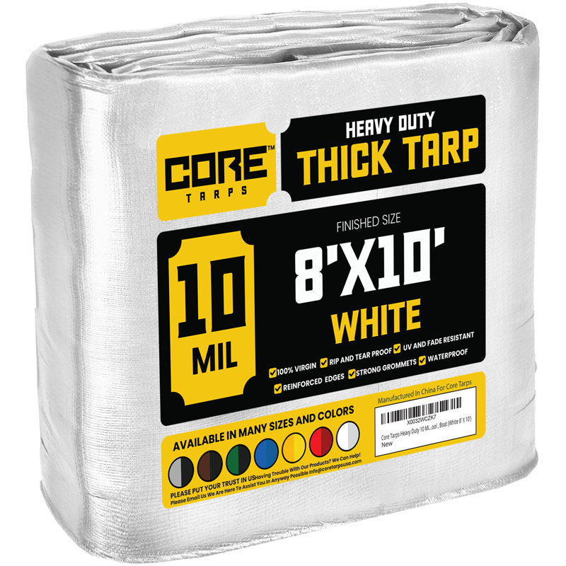 Bâche en polyéthylène robuste de 10 mil, imperméable, résistante aux rayons UV, Blanc, H 8 pi x 10 pi,