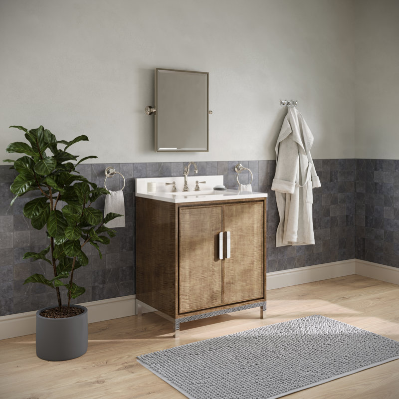Brookhn 30 In. Single sink Quartz top Bath Vanity in Lustrous Walnut with Hook Faucet and Mirror, Faucet Included