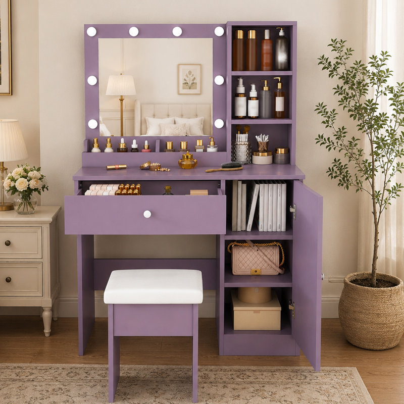 Makeup Vanity with Bulb LED Mirror and Stool Storage Dressing Table for Bedroom